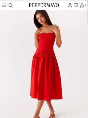 Peppermayo Strapless Red Gathered Midi Dress